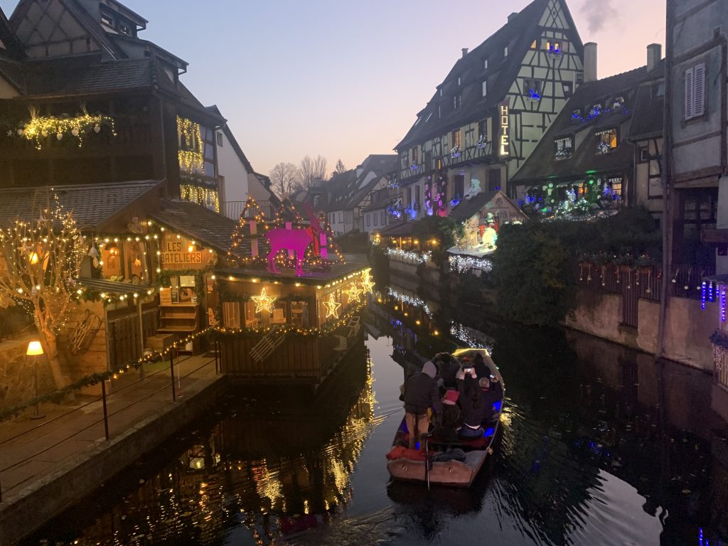 Even at night, the canals of Little Venice in Colmar, France are romantic and beautiful.