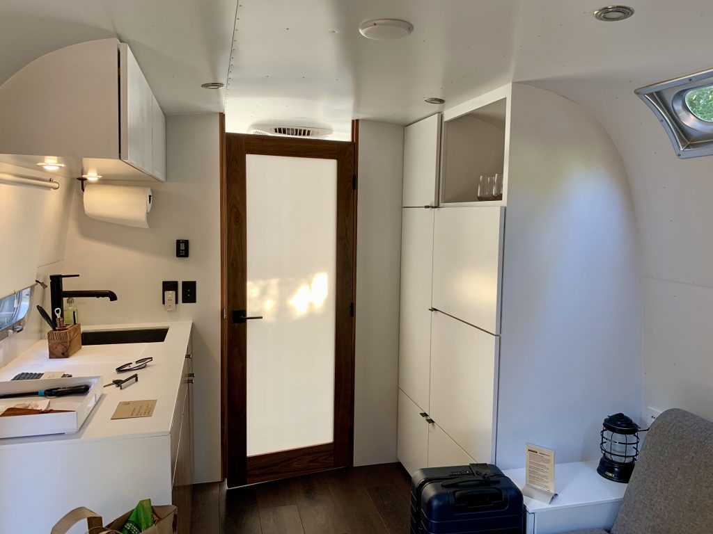 There is a small kitchen and even a microwave in the Airstreams at AutoCamp Russian River. 