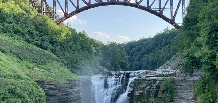 Visit Letchworth State Park during sunset to see the beautiful setting sun on the waterfalls.